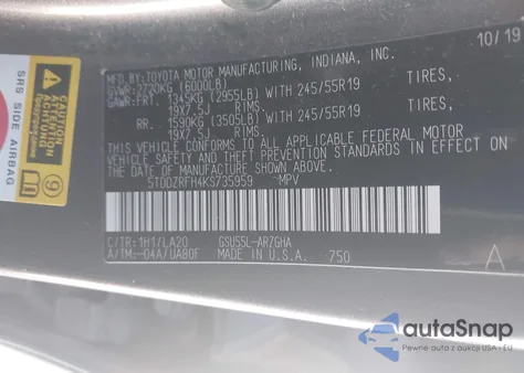 2019 Toyota Highlander Limited from USA, damaged, VIN 5TDDZRFH4KS735959